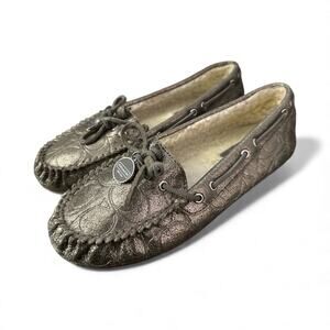 Coach Antonia Driving Moccasins Leather Shearling Metallic Gold with Charms 7.5B